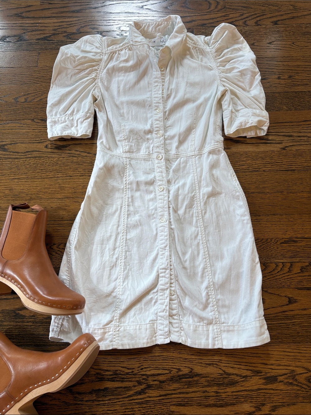 FRAME DENIM Button-Front White Puff-Sleeve cotton denim Dress, xS